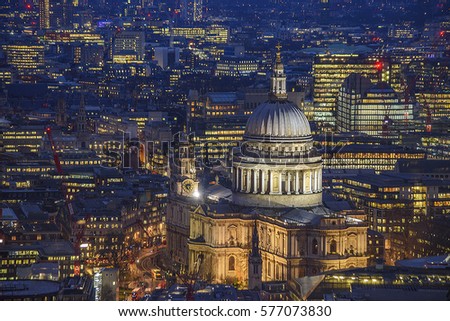 Panoramic aerial cityscape view of London. Centered St paul's cathedral. It is an Anglican cathedral, the seat of the Bishop of London and the mother church of the Diocese of London, UK.