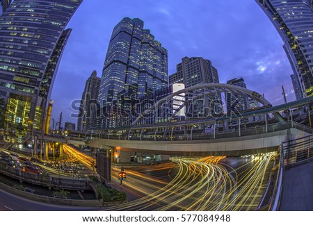 Bangkok cityscape at night ,fisheye view of Sathorn finance and trade zone