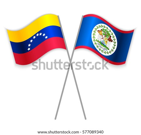 Venezuelan and Belizean crossed flags. Venezuela combined with Belize isolated on white. Language learning, international business or travel concept.