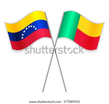 Venezuelan and Beninese crossed flags. Venezuela combined with Benin isolated on white. Language learning, international business or travel concept.