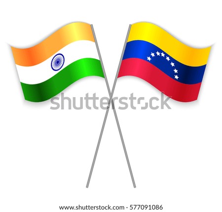Indian and Venezuelan crossed flags. India combined with Venezuela isolated on white. Language learning, international business or travel concept.