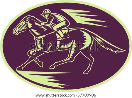 vector illustration of a Horse and jockey racing side view done in woodcut style.