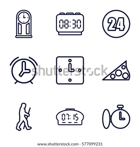 Time icon. Set of 9 Time outline icons such as wall clock, caveman, sundial, 24 hours, pendulum, stopwatch, alarm