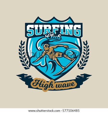 Colorful logo, emblem, sticker, surfer drifting on the waves. Beach, waves, palm trees, tropical island. Extreme sport. Badges shield. Vector illustration.