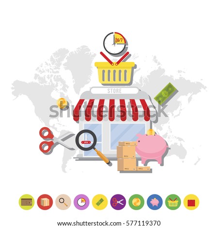 Store and icons on world map background. Flat vector illustrations on the theme of shopping.
