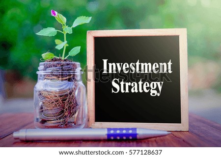 INVESTMENT STRATEGY word written on panel . Roots and coins in a bottle with a tree growing on the wooden table as an investment concept  .