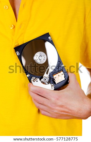 Person with Hard Disk Drive Isolated on the White Background