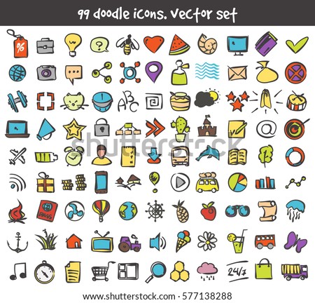 Vector doodle icons set. Stock cartoon signs for design.