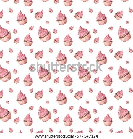 Seamless pattern with cakes with pink cream on a white background.