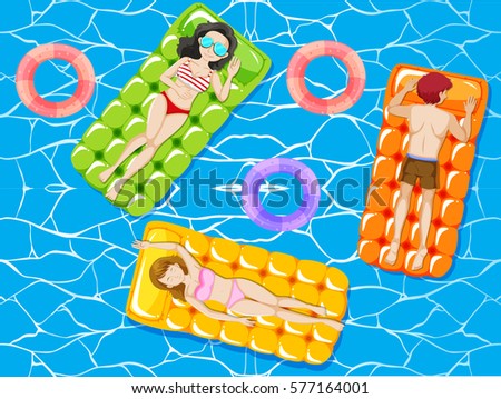 People relaxing on floating mat in the pool illustration