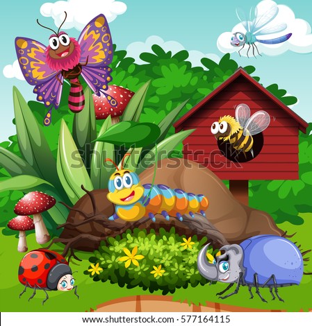 Different types of bugs in garden illustration