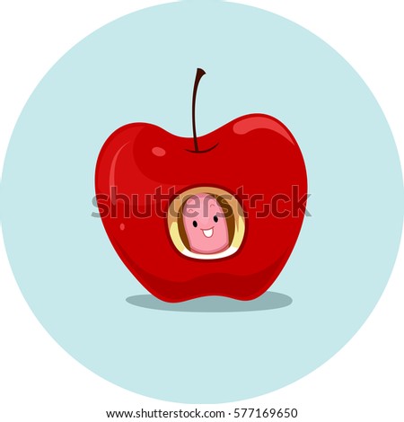 Illustration Featuring an Earthworm and an Apple Demonstrating the Meaning of the Word Inside