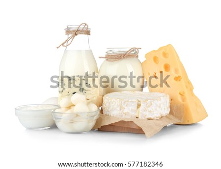 Dairy products on white background Royalty-Free Stock Photo #577182346