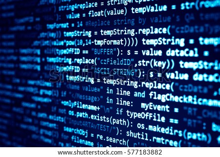 Software developer programming code. Abstract computer script code. Programming code screen of software developer. Software Programming Work Time. Code text written and created entirely by myself. Royalty-Free Stock Photo #577183882