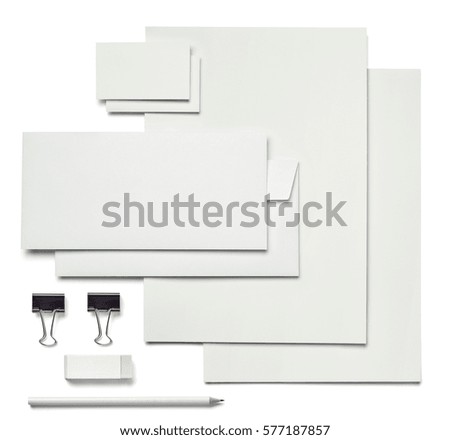 collection of  various white business print, pencil,foldback clip templates on white background. each one is shot separately