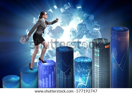 Businesswoman rushing with clock on bar charts