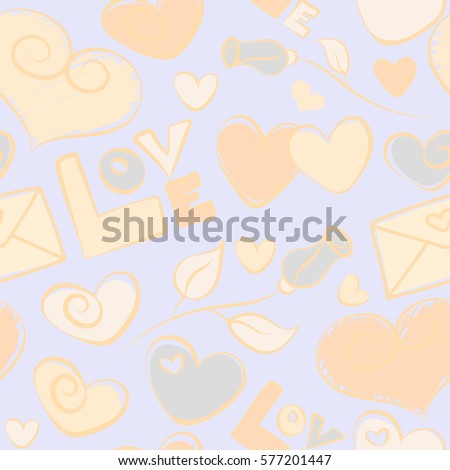 Valentine vector seamless pattern with letter, flower and hearts. Perfect image on gray background for wallpaper, web page, textile, greeting cards and wedding invitations.