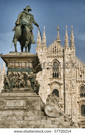 Picture of Vittorio Emanuele II Statue (Ercole Rosa, 1896) in Piazza del Duomo, Milan, Italy; Milan Cathedral Duomo di Milano on the background