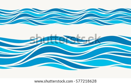 Marine seamless pattern with stylized blue waves on a light background. Water Wave abstract design.