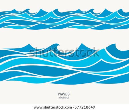 Marine seamless pattern with stylized blue waves on a light background. Water Wave abstract design.