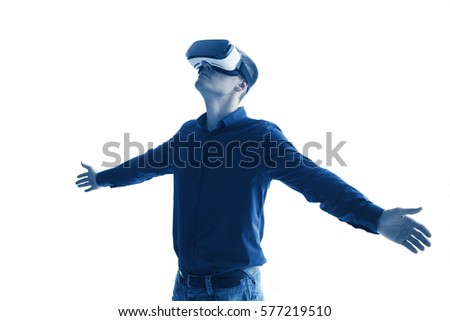 The man with glasses of virtual reality. Future technology concept. Modern imaging technology.