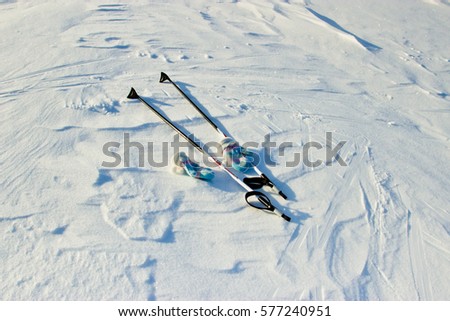 Ski poles and gloves in the snow. Sunny frosty day.