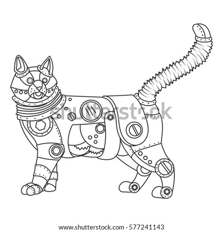 Steampunk style cat. Mechanical animal. Coloring book for adult raster illustration.