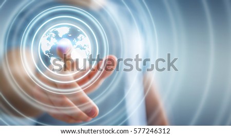 Businessman on blurred background using web interface to surf on internet 3D rendering