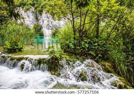 Croatia Waterfall of Plitvice lake, natural travel background, national park