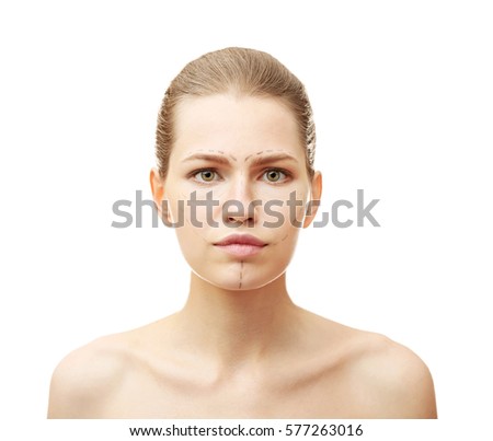 Young beautiful woman on white background. Plastic surgery concept