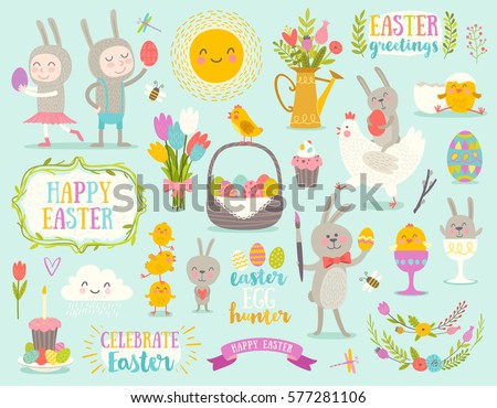 Set of cute Easter cartoon characters and design elements. Easter bunny, chickens, eggs and flowers. Vector illustration.