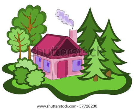 Vector illustration of pink house in the woods