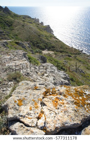 Blue sea, rocks and seashore. Tarhankut, Dzhangul Russian Crimea at summer