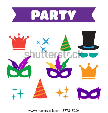 Party Birthday photo booth props. Hat and mask, costume and cylinder, bunny ears nose moustache. Birthday vector