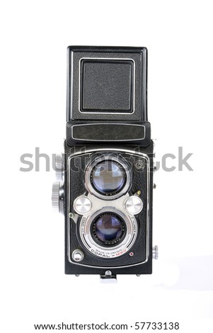 Twin lens reflex old photo camera isolated on white
