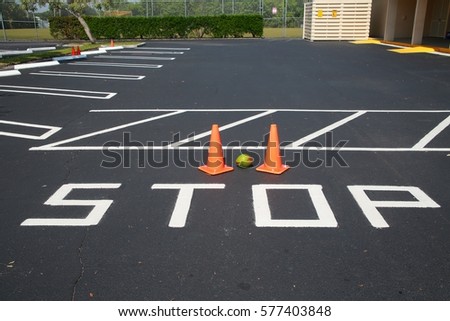 Stop Emblem Indication Painted in White on Black Pavement in Parking Lot Diagonal Spaces with Two Orange Cones Mango Placed Between