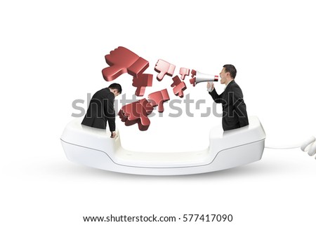 Boss using megaphone yelling at the tired employee with spraying out 3D thumbs down objects, in the telephone handset, isolated on white.