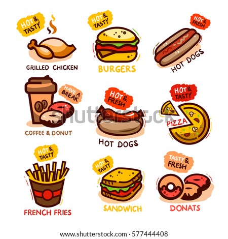 Set of colorful cartoon fast food labels, isolated on white. Vector illustration.