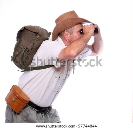 Park ranger watching closely wildlife with his binoculars. Studio shot isolated on white background