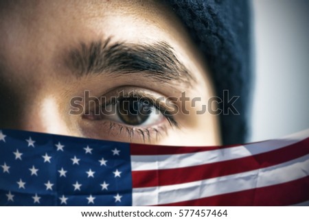 Refugee and American flag, conceptual picture