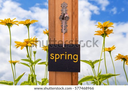 small blackboard with the word Spring hanging from key in front of field of yellow flowers
