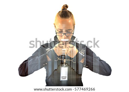 Young beautiful businesswoman with mouth shut with projection of office ceiling lamp as symbol scotch, prisoner of job in cuffs, isolated on white background. Concept of silent  anger and job hate