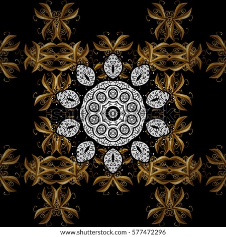 Seamless vintage pattern on black background with golden elements.