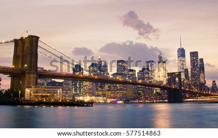 Brooklyn Bridge and Lower Manhattan in New York City, USA