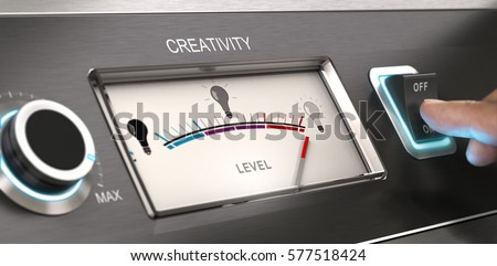 Creative mode Concept. Finger pressing a push button with dial . Composite between a photography and a 3D background.