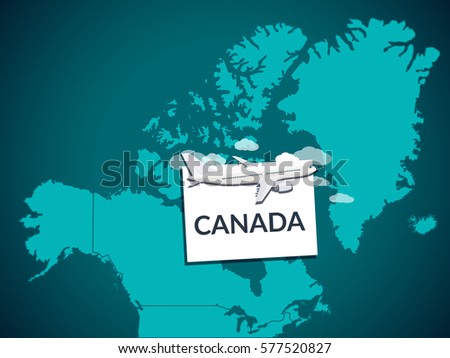 Map. Flights to Canada. Canada marked on the map. Plane