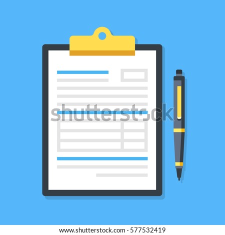 Clipboard with document and pen. Filling insurance claim form, paperwork, income tax form, write a report, business concepts. Premium quality. Modern flat design graphic elements. Vector illustration. Royalty-Free Stock Photo #577532419
