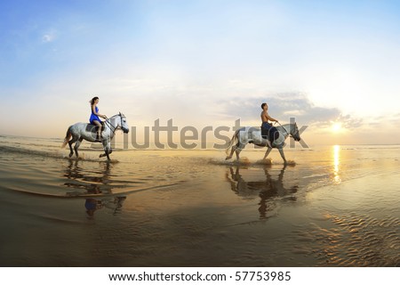 Picture a couple in love, which is galloping on a horse of the sea at sunset