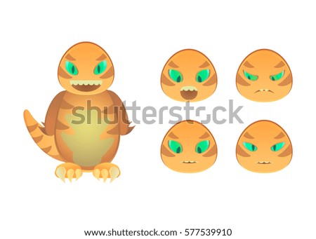 Cartoon yellow dinosaur with set of facial expressions. Cute dinosaur construction kit.