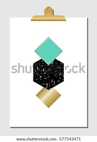 Geometric shapes in black, golden and turquoise on white paper with golden clip. Modern and stylish wall art decor, greeting card, wallpaper design.